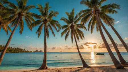 Beautiful tropical beach with coconut palm trees at sunset, Seychelles