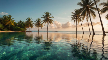 Beautiful panorama of beach with coconut palm tree at sunset timeの写真素材