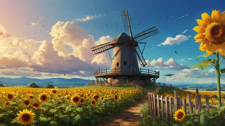 Beautiful summer landscape with windmill and sunflowers. 3d renderの写真素材