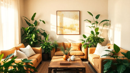 Interior of modern living room with plants, sofa and coffee tableの写真素材