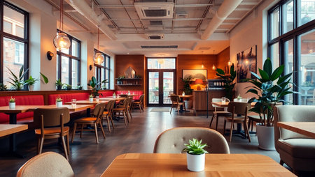 Interior of a modern restaurant with tables and chairs, interior design