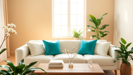 Interior design of living room with sofa, coffee table and plant