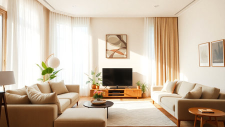 Interior of modern living room with comfortable sofa, TV and plantsの写真素材