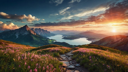Colorful summer landscape in the Dolomites. Sunrise over the lake.の写真素材