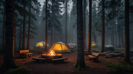 Camping in the pine forest at night. Camping in the wild