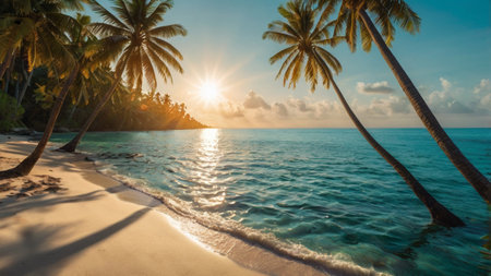 Tropical beach with coconut palm trees at sunset, Seychellesの写真素材
