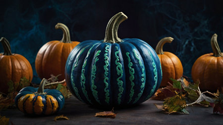 Halloween pumpkins on wooden background with leaves and smoke. Studio shot