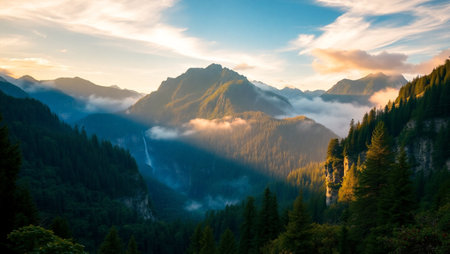 Beautiful mountain landscape at sunriseの写真素材