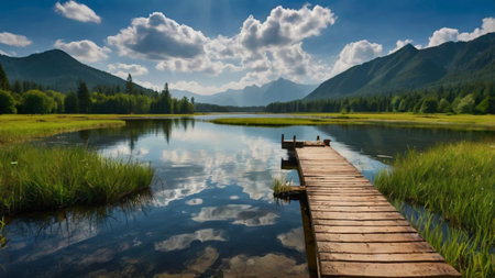 Wooden pier on mountain lake. Beautiful summer landscape with lake and mountainsの写真素材