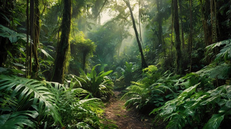 Tropical rainforest with sunlight shining through trees and plants.