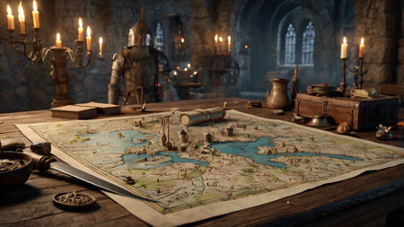 Ancient map in the interior of the medieval castle. Travel concept.
