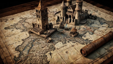 Tower on old map. Travel concept. Selective focus.の写真素材