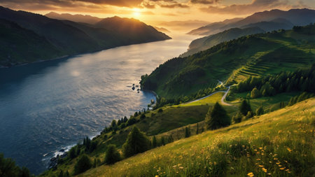 Panoramic view of Lake Lucerne at sunset, Switzerlandの写真素材