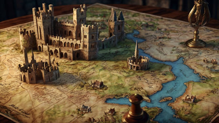Castle on the map. 3D illustration. Vintage style.