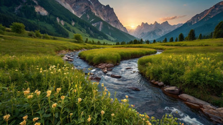 Landscape with mountain river and meadow at sunset. Dolomites, Italyの写真素材