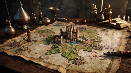 Ancient map with medieval castle and magic items on the wooden table.