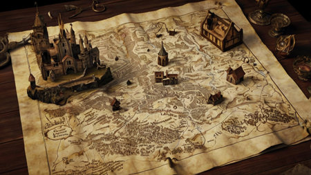 Ancient map and toy city on wooden background. Travel concept. Vintage style.