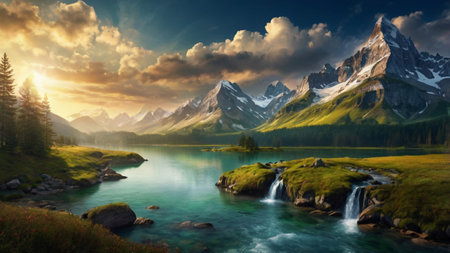 Fantastic summer landscape with mountain lake and snow-capped peaksの写真素材