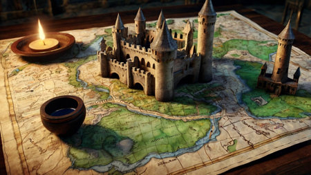 Castle on a map. Travel concept. 3D rendering.