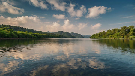 Landscape view of a mountain lake with green trees and blue skyの写真素材