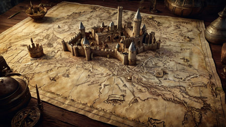 Medieval castle on the old map. Vintage style toned picture
