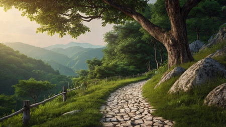 Stone path in the mountains at sunset. Panoramic view.
