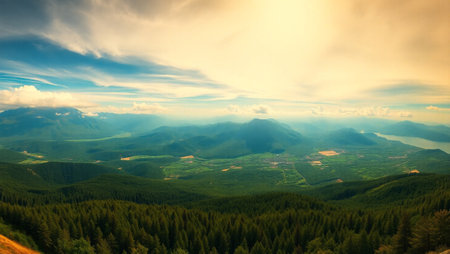 Mountain landscape with forest and blue sky. Panoramic view