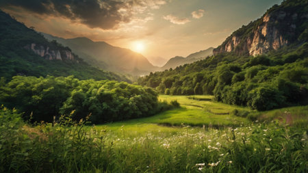 Beautiful summer landscape with green meadow and mountains at sunset.の写真素材