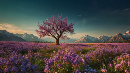 Beautiful spring landscape with a blossoming tree and mountains in the backgroundの写真素材