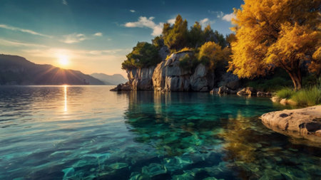 Sunset on the shore of Lake Garda, Italy. Panoramaの写真素材