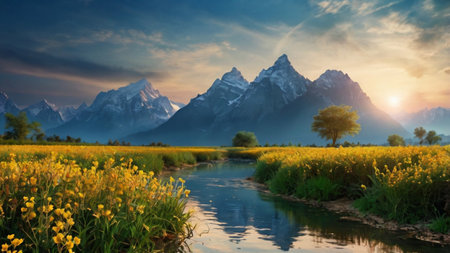 Beautiful landscape of mountains and river at sunrise. Panorama.