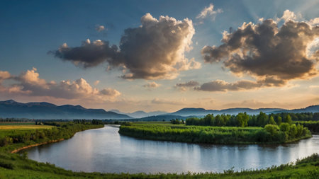 Panoramic view of river and blue sky with clouds at sunset