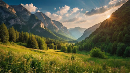 Panoramic view of alpine meadow in front of mountains at sunset