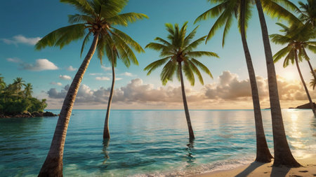 Palm trees on a tropical beach at sunset, Seychellesの写真素材