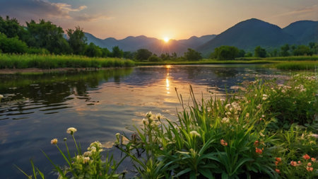 Sunset on the river with mountains in the background. Landscape.の写真素材