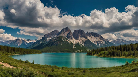 Panoramic view of the lake in the mountains of Canada.の写真素材