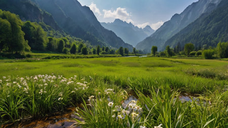 Beautiful panoramic view of green meadow and mountains in the backgroundの写真素材
