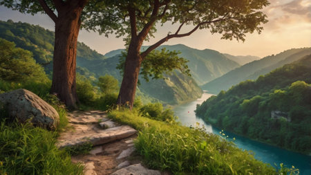 Beautiful summer landscape with a view of the river and the mountains