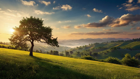 Lonely tree on a green meadow in Tuscany