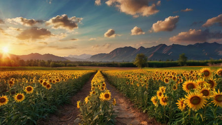 Sunflower field at sunset with mountains in the background. Landscape.