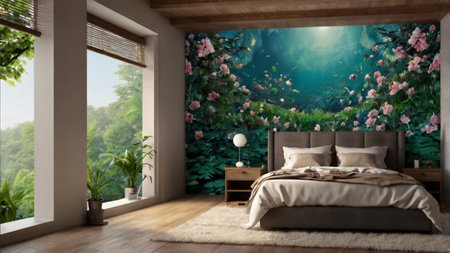 3d rendering of a bedroom interior design with a garden view.