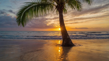 Palm tree on the beach at sunset. Beautiful tropical background.の写真素材