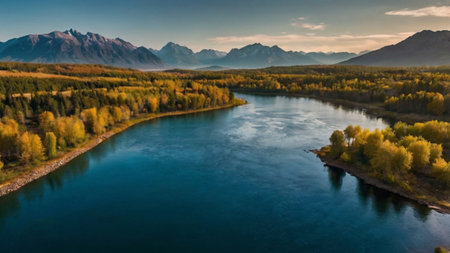 Aerial view of the river and mountains in Altai, Russia