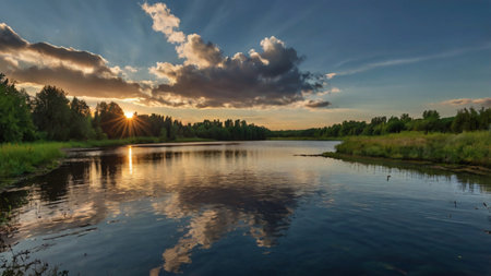 Sunset over the river in the summer. Panoramic view