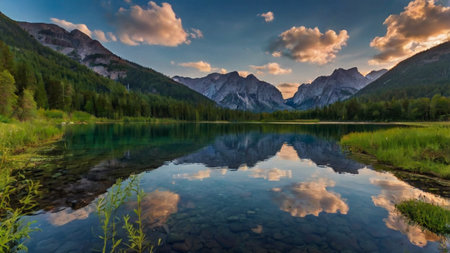 Beautiful alpine lake in the mountains at sunset. Summer landscape