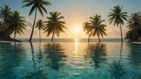 Tropical beach with palm tree and swimming pool at sunset time