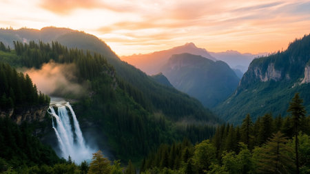 Yosemite National Park, California, United States. The Yosemite Falls at sunset.