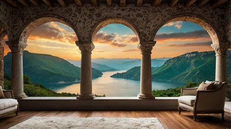 Luxury living room with amazing view of lake and mountains.の写真素材