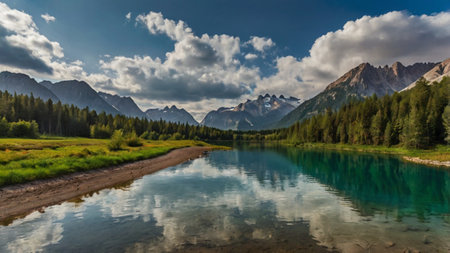Mountain lake in the Dolomites, Italy. The concept of active and photo tourism