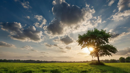 Sunset over a green meadow with a single tree in the foregroundの写真素材